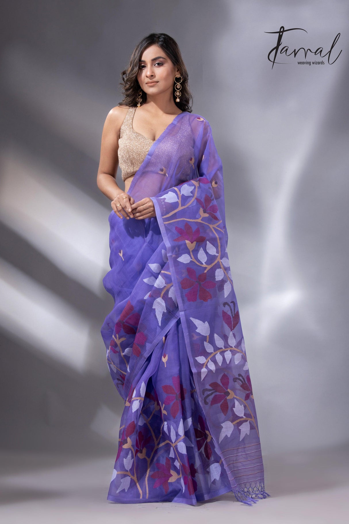 Purple with maroon wide floral border muslin silk handwoven jamdani saree - Tamal Boutique