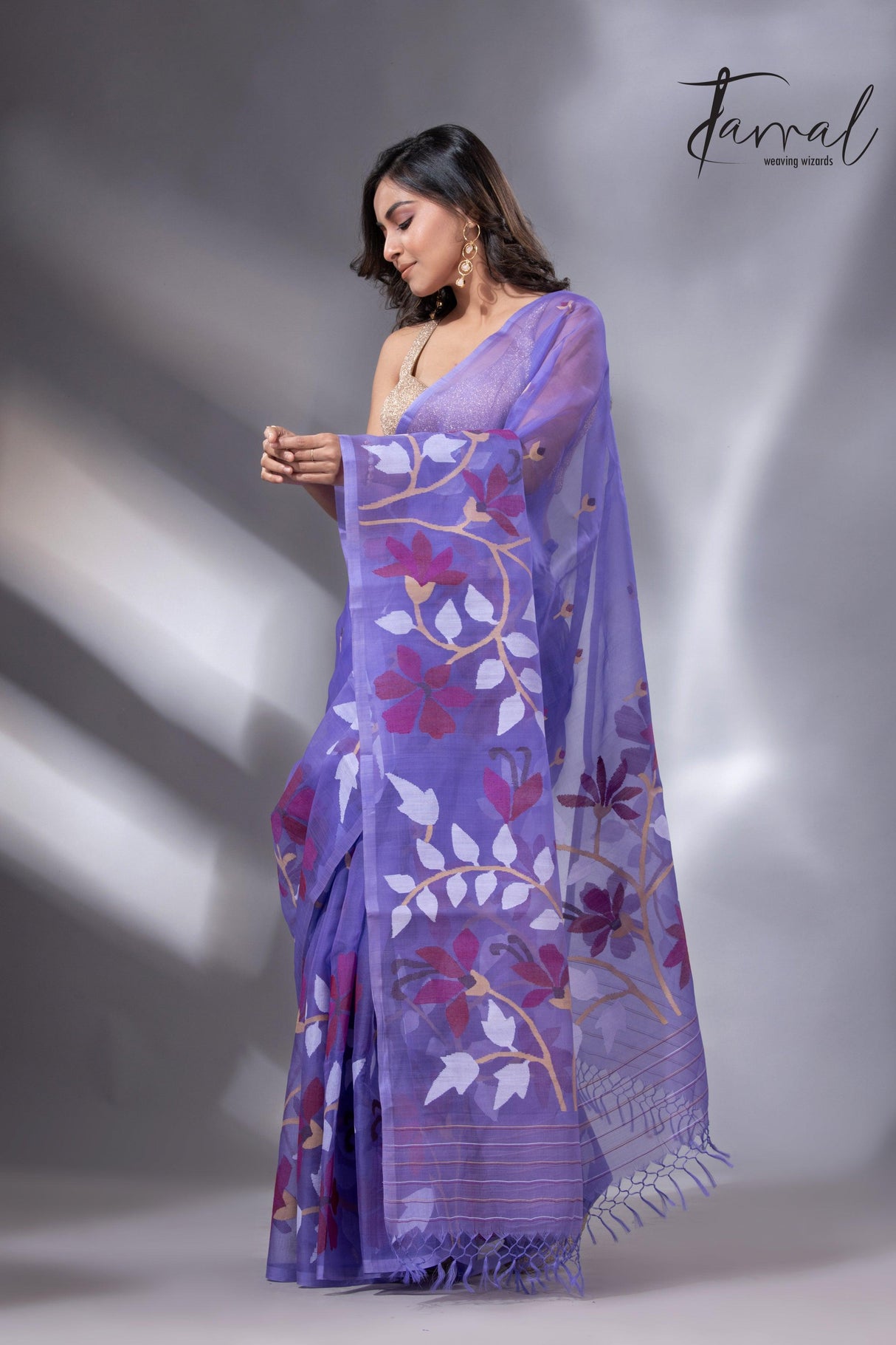 Purple with maroon wide floral border muslin silk handwoven jamdani saree - Tamal Boutique