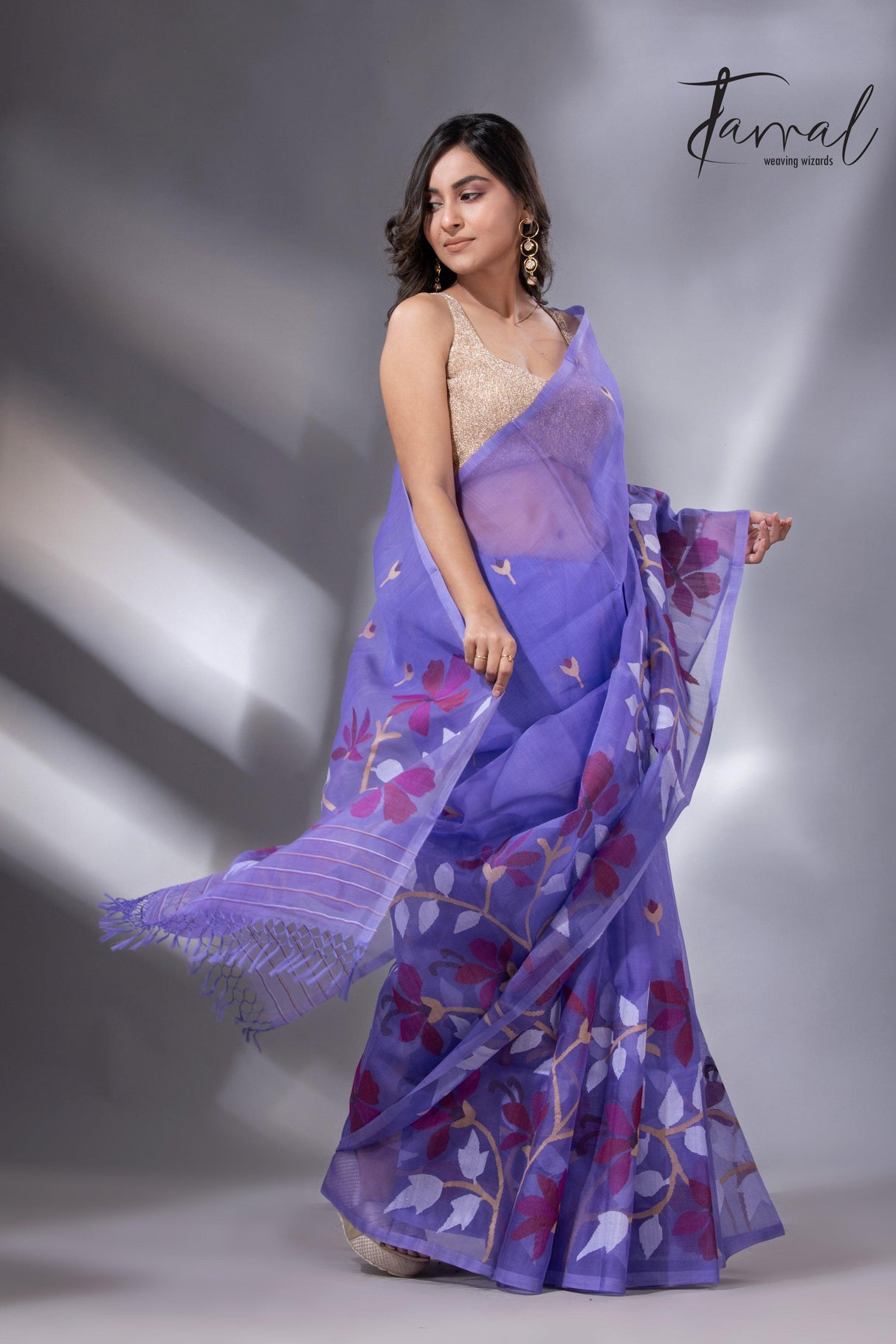 Purple with maroon wide floral border muslin silk handwoven jamdani saree - Tamal Boutique
