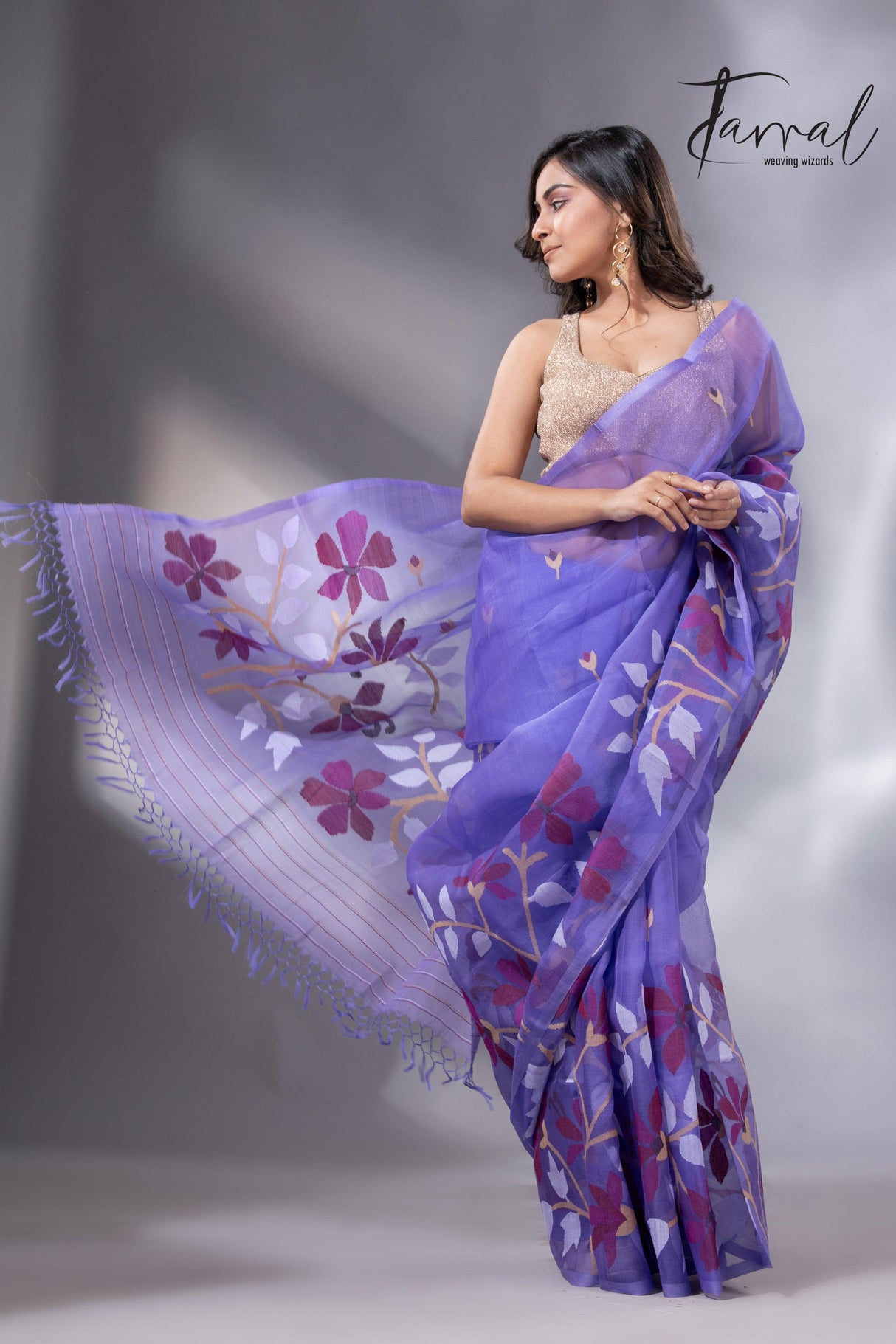 Purple with maroon wide floral border muslin silk handwoven jamdani saree - Tamal Boutique