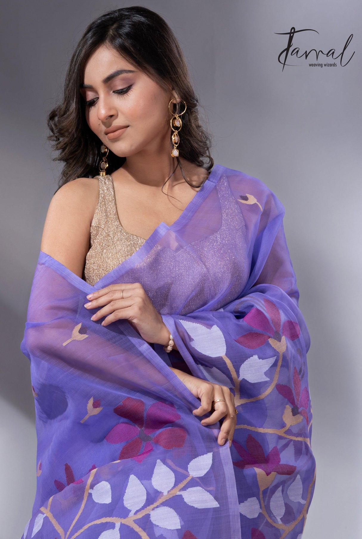 Purple with maroon wide floral border muslin silk handwoven jamdani saree - Tamal Boutique