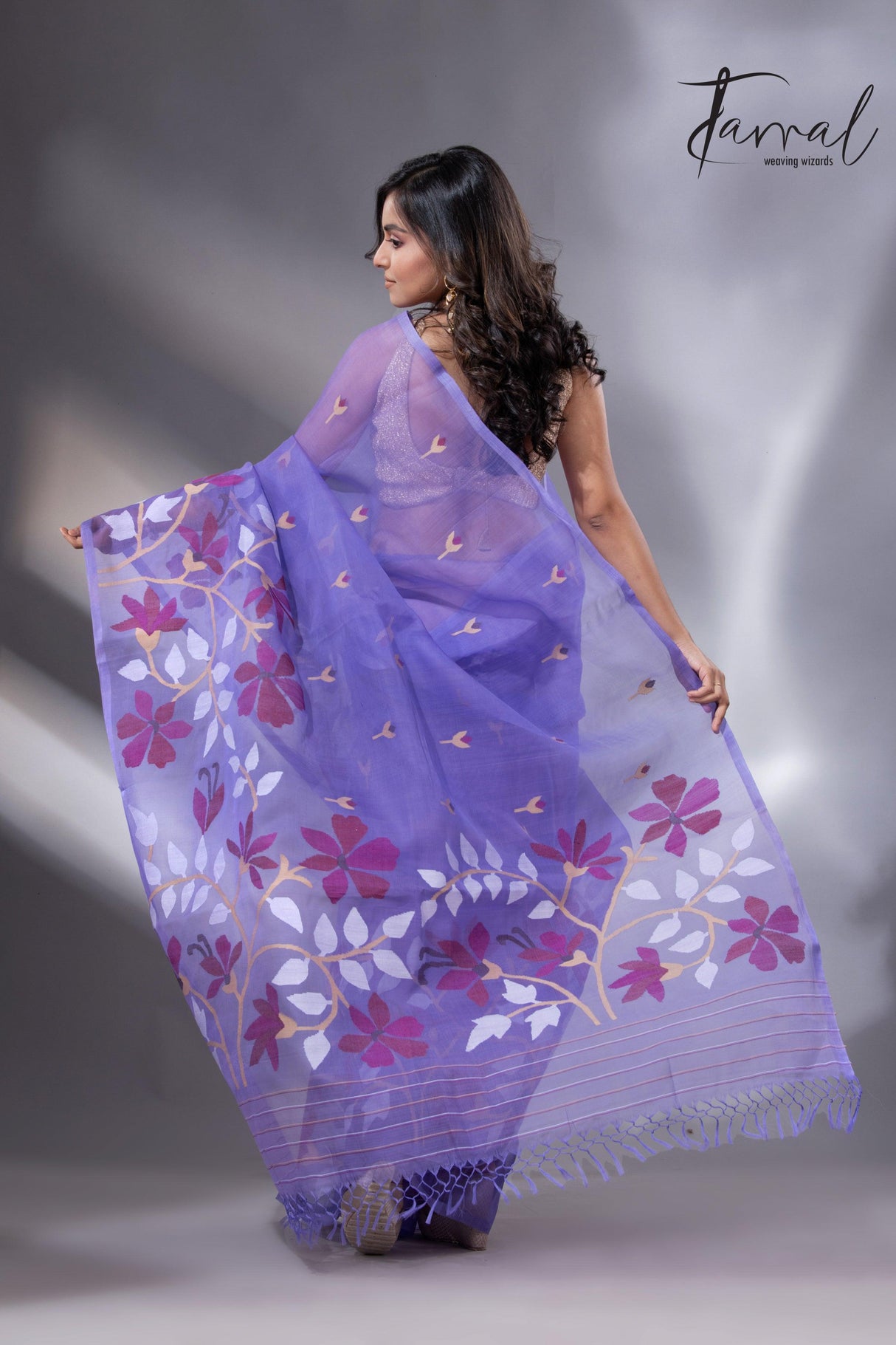 Purple with maroon wide floral border muslin silk handwoven jamdani saree - Tamal Boutique