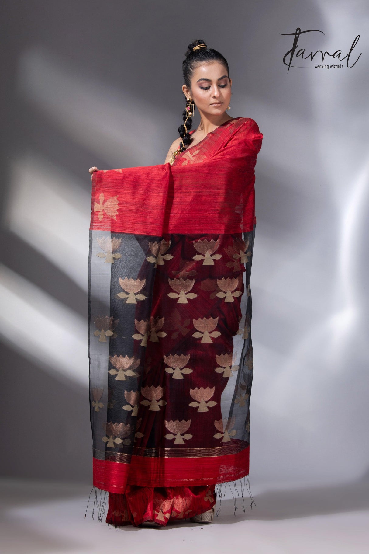 Red with black golden lotus matka silk handwoven jamdani saree - Tamal Boutique
