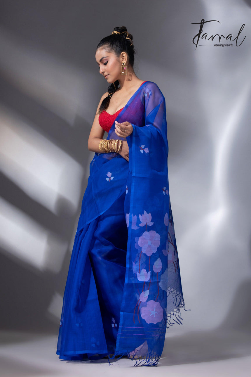 Indigo lotus pallu handwoven muslin silk jamdani saree - Tamal Boutique