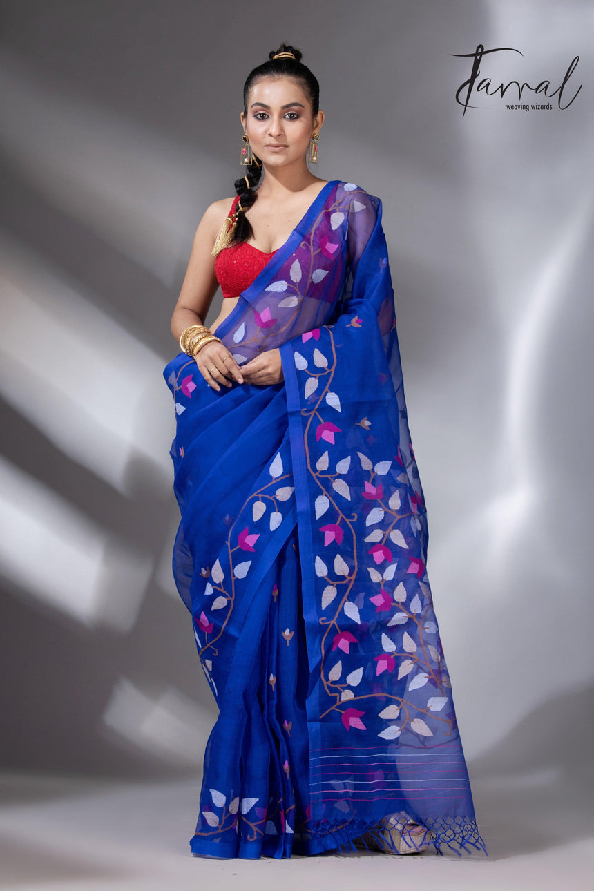 Deep Indigo with multi colour muslin silk floral handwoven jamdani saree - Tamal Boutique