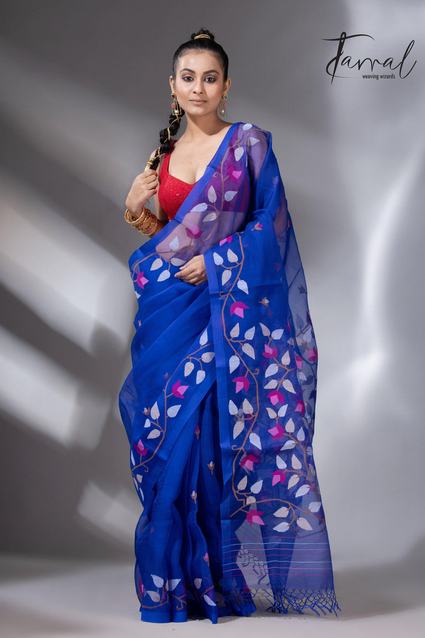 Deep Indigo with multi colour muslin silk floral handwoven jamdani saree - Tamal Boutique