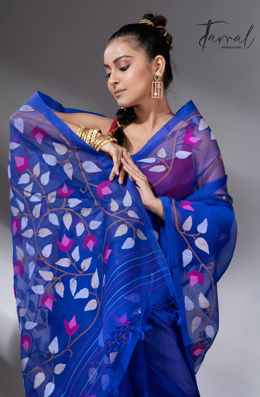 Deep Indigo with multi colour muslin silk floral handwoven jamdani saree - Tamal Boutique