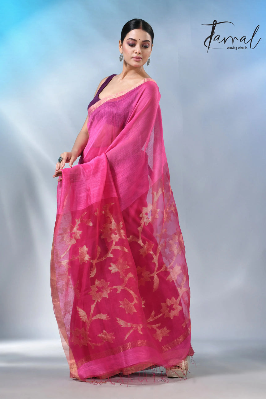 Hot Pink with zari border sunflower tree pallu silk linen handwoven jamdani saree