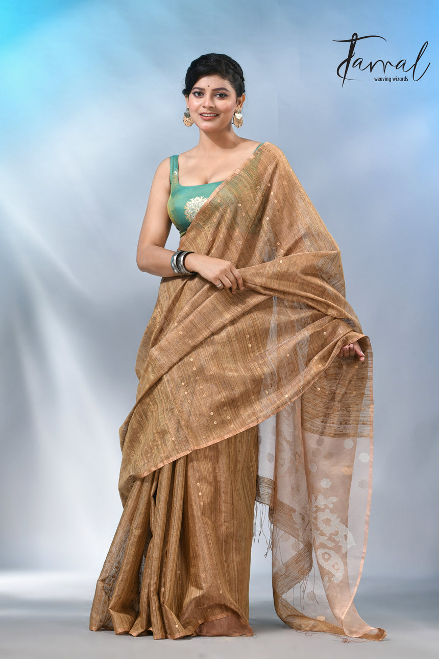 Handwoven Brown Matka Silk Jamdani Saree With Elegant Sequin Work