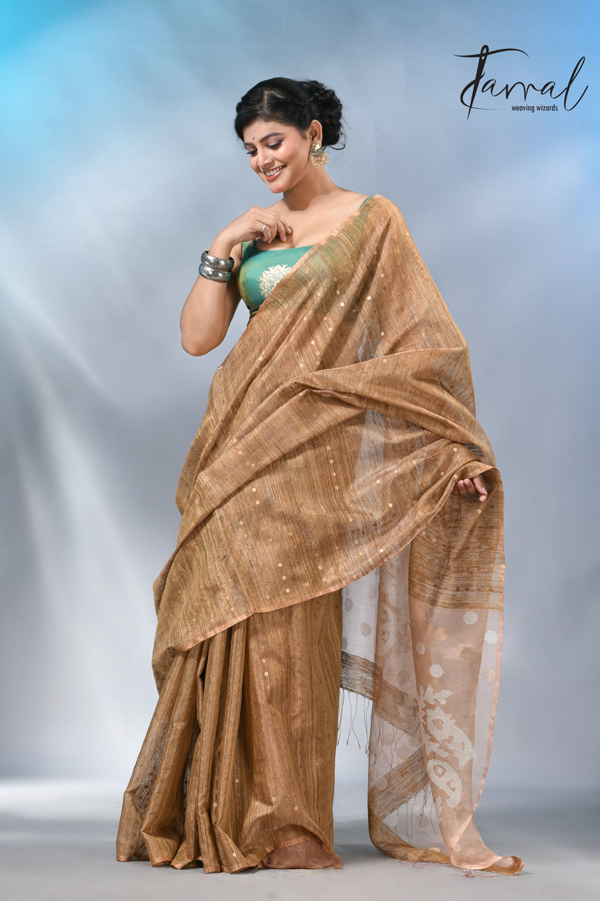 Handwoven Brown Matka Silk Jamdani Saree With Elegant Sequin Work