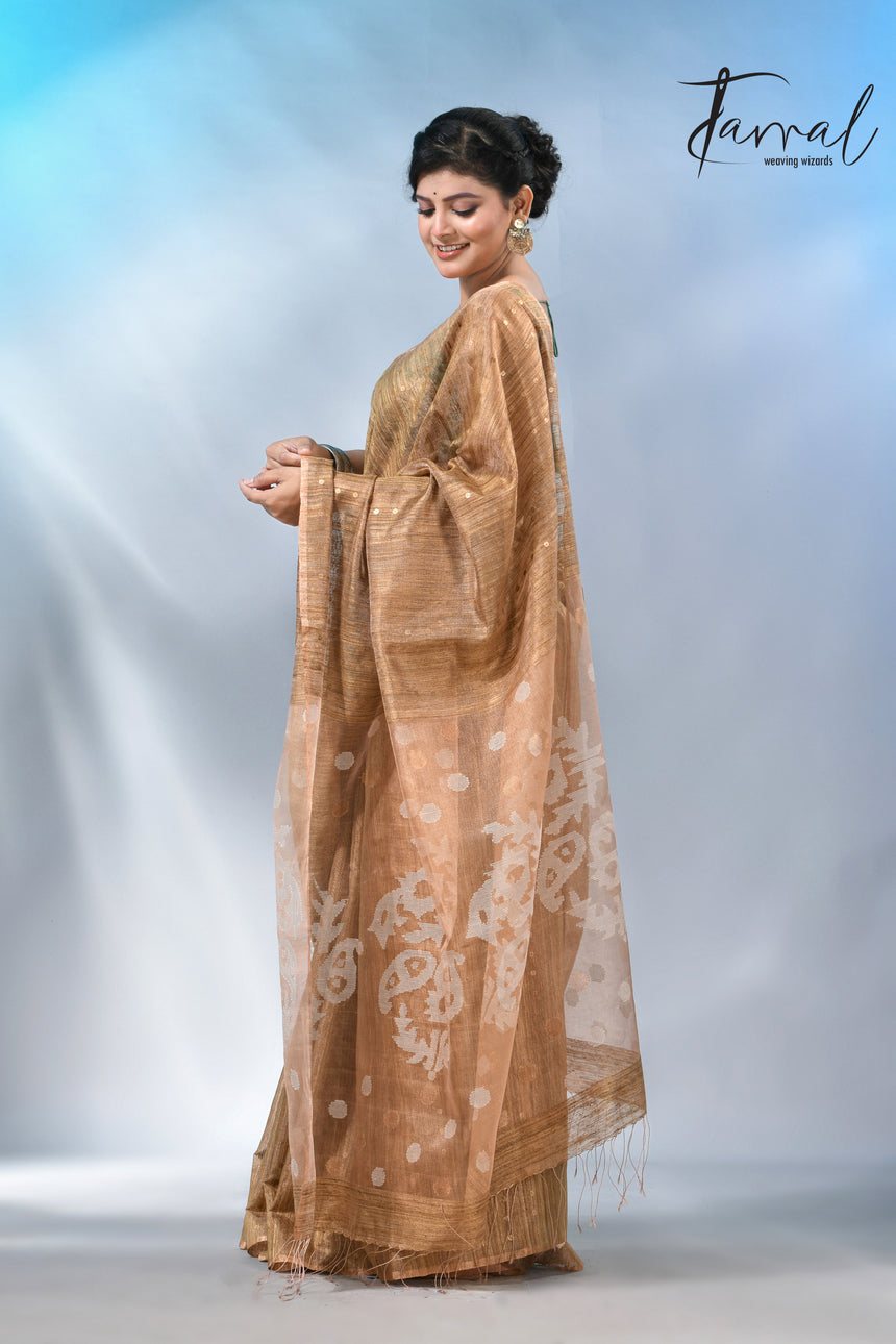 Handwoven Brown Matka Silk Jamdani Saree With Elegant Sequin Work