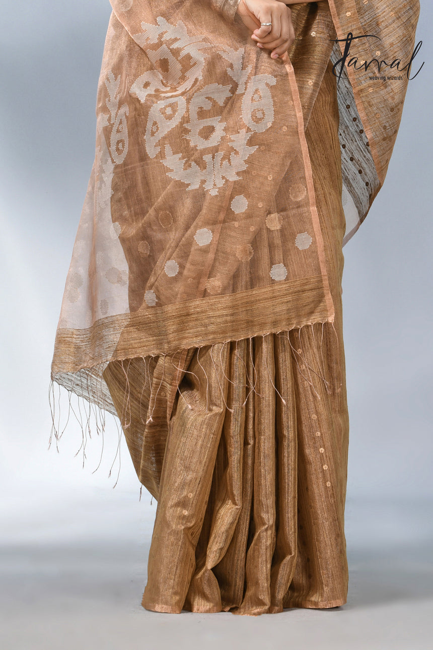 Handwoven Brown Matka Silk Jamdani Saree With Elegant Sequin Work