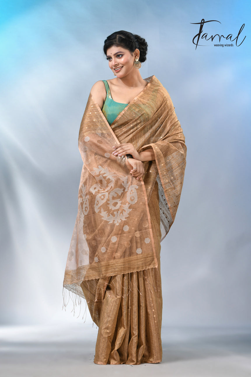 Handwoven Brown Matka Silk Jamdani Saree With Elegant Sequin Work