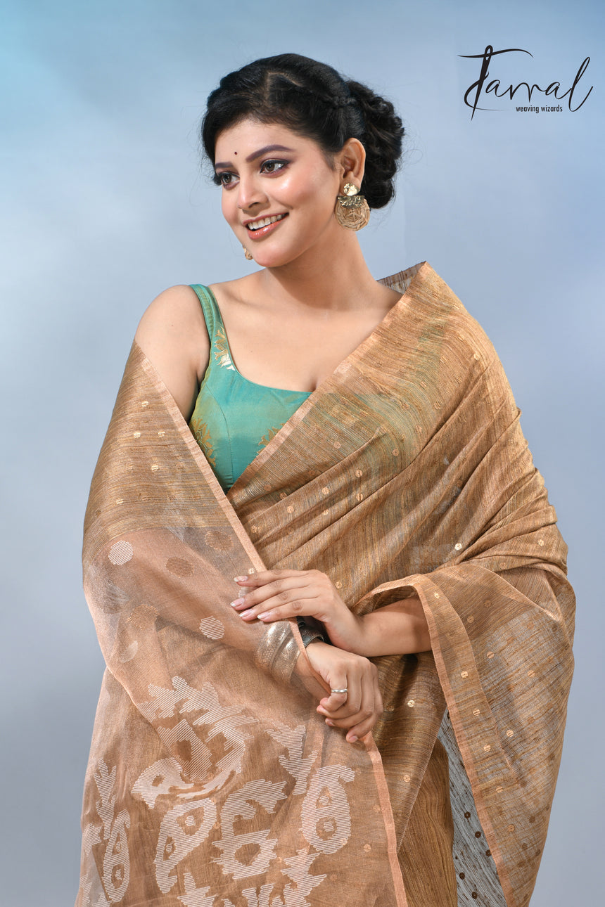 Handwoven Brown Matka Silk Jamdani Saree With Elegant Sequin Work