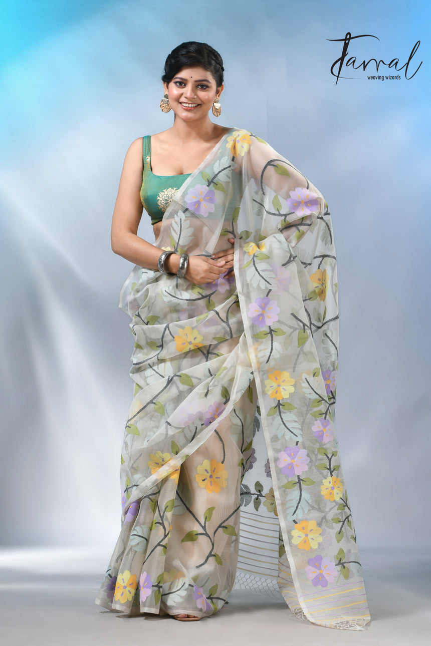 Offwhite Muslin Silk Saree with Allover Multicolour Floral Weave