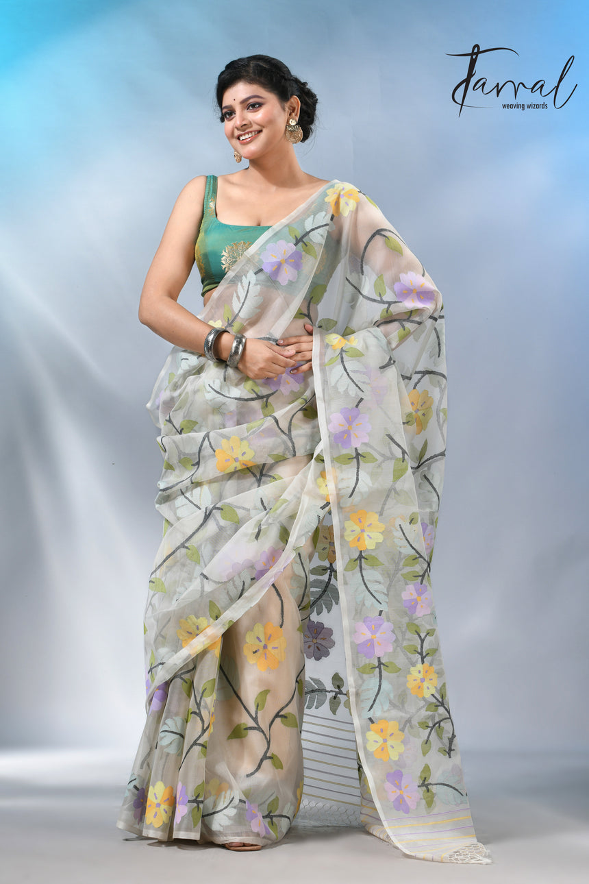 Offwhite Muslin Silk Saree with Allover Multicolour Floral Weave