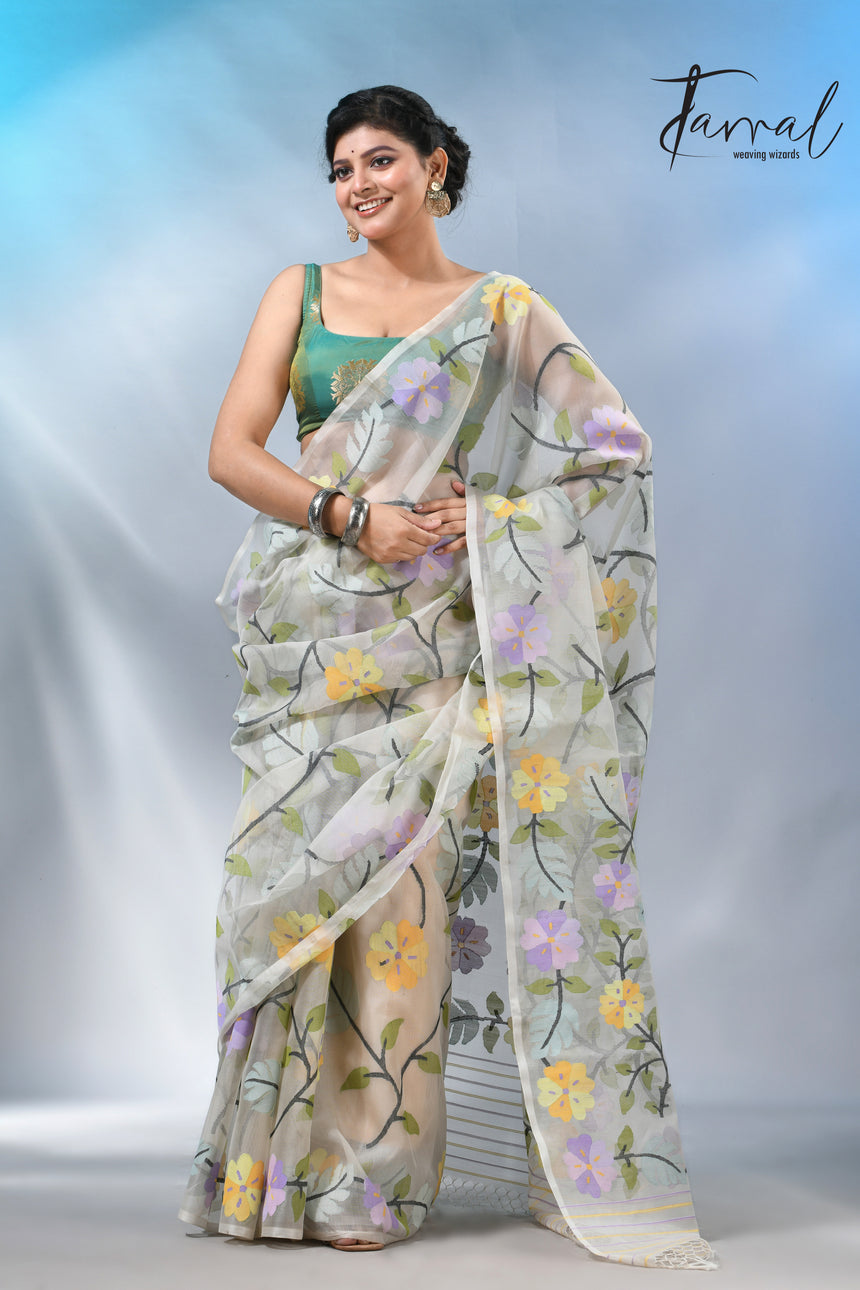 Offwhite Muslin Silk Saree with Allover Multicolour Floral Weave