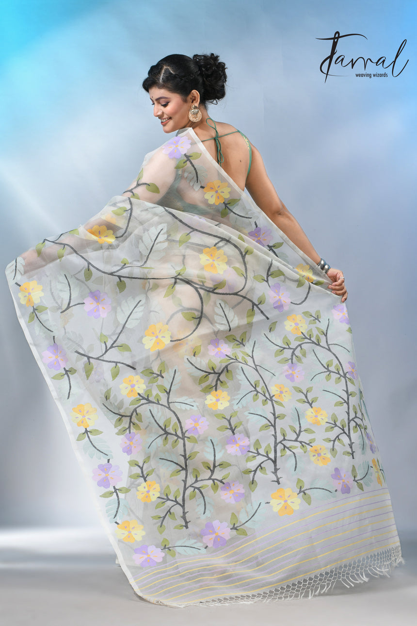 Offwhite Muslin Silk Saree with Allover Multicolour Floral Weave