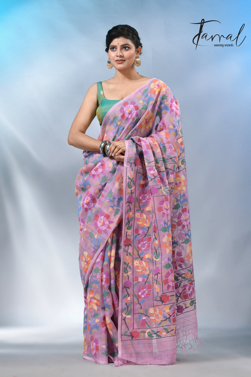 Dust pink with multi colour allover handwoven muslin silk jamdani saree
