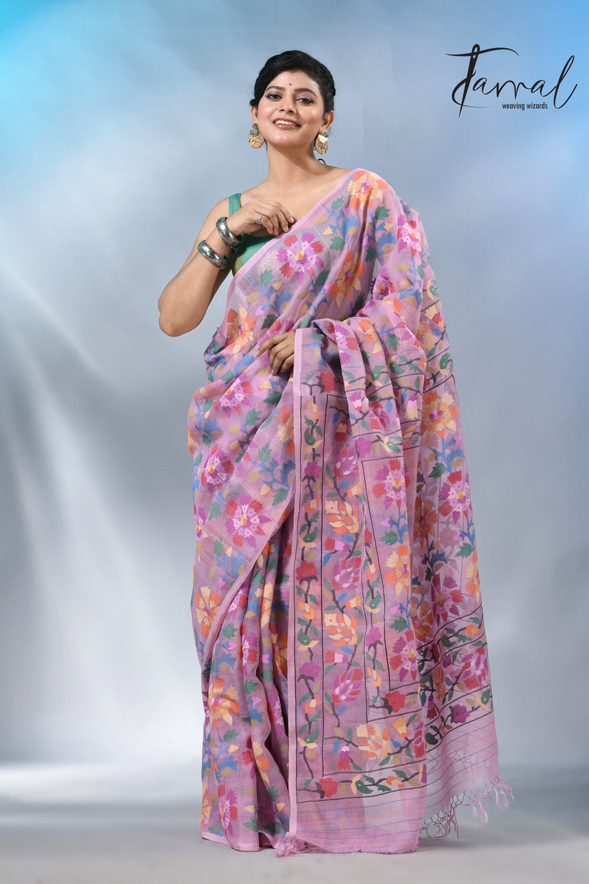 Dust pink with multi colour allover handwoven muslin silk jamdani saree