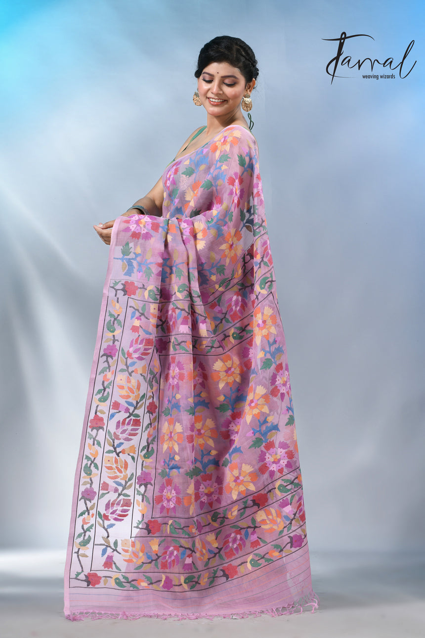 Dust pink with multi colour allover handwoven muslin silk jamdani saree