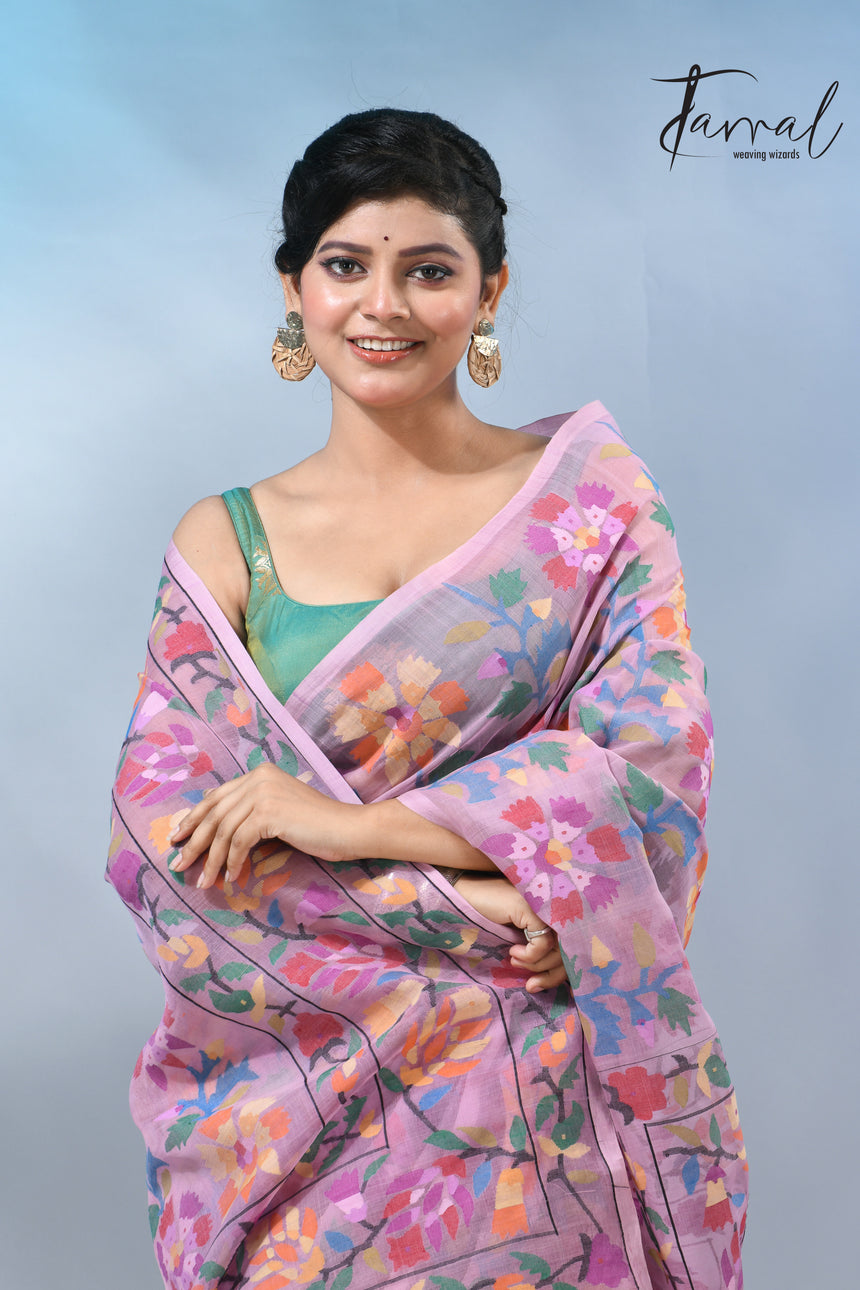 Dust pink with multi colour allover handwoven muslin silk jamdani saree