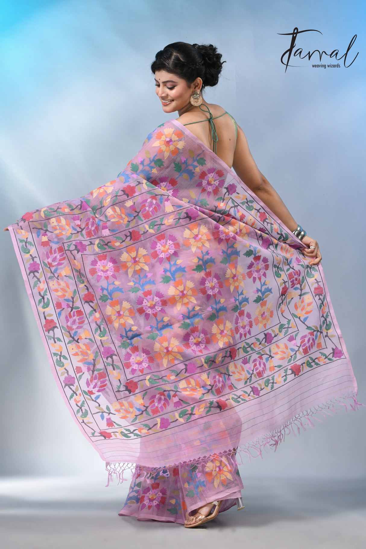Dust pink with multi colour allover handwoven muslin silk jamdani saree
