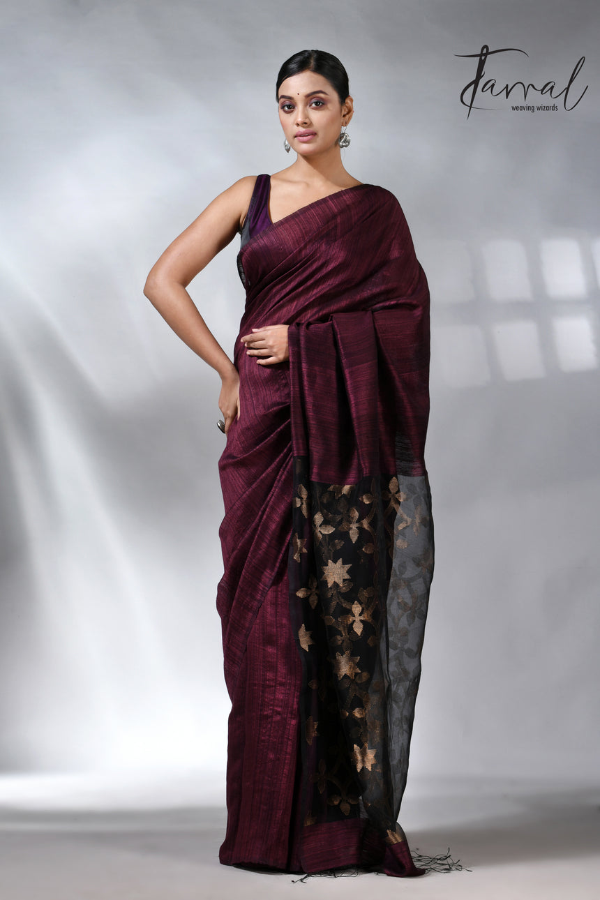 Maroon Handwoven Jamdani Saree in Matka Silk with Star Pallu