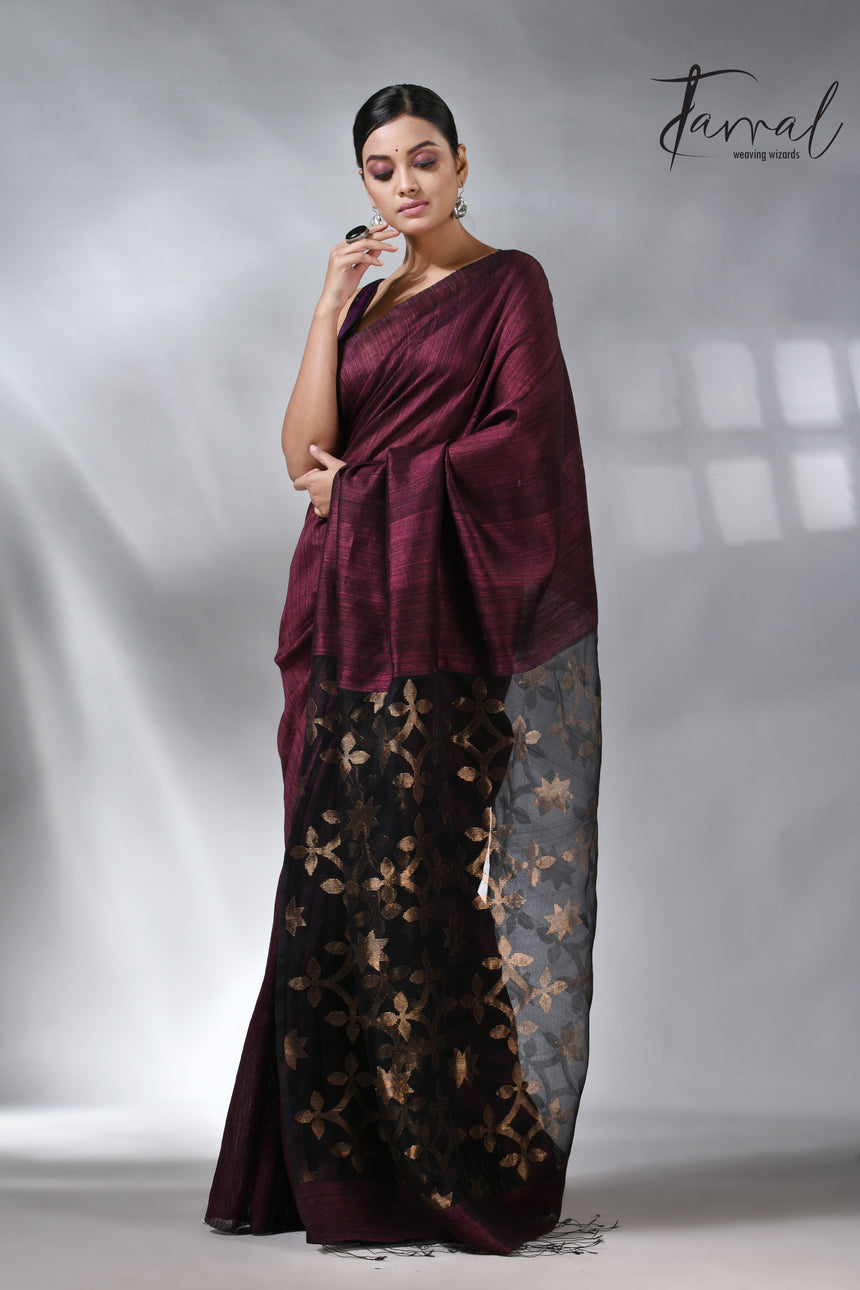 Maroon Handwoven Jamdani Saree in Matka Silk with Star Pallu