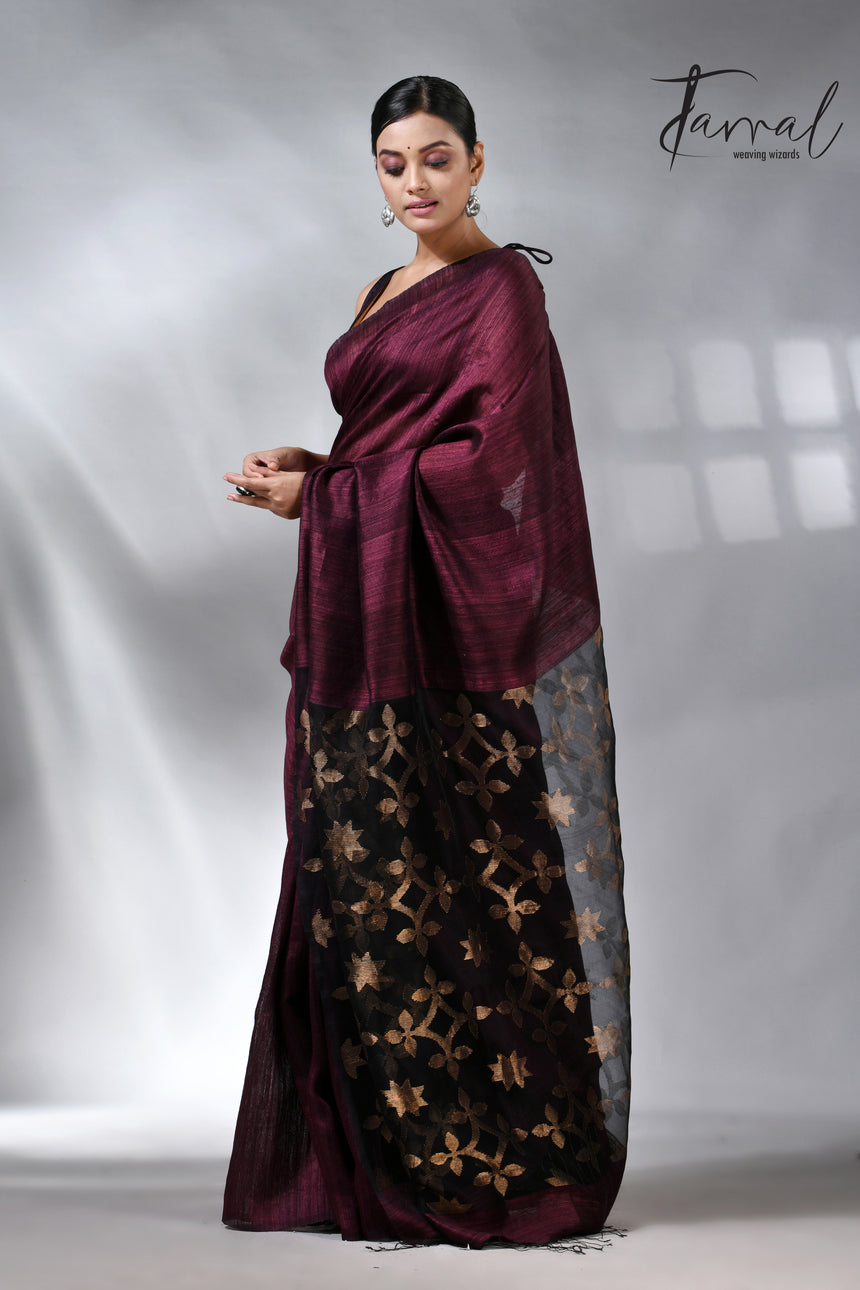 Maroon Handwoven Jamdani Saree in Matka Silk with Star Pallu