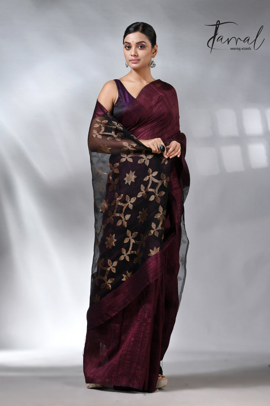 Maroon Handwoven Jamdani Saree in Matka Silk with Star Pallu