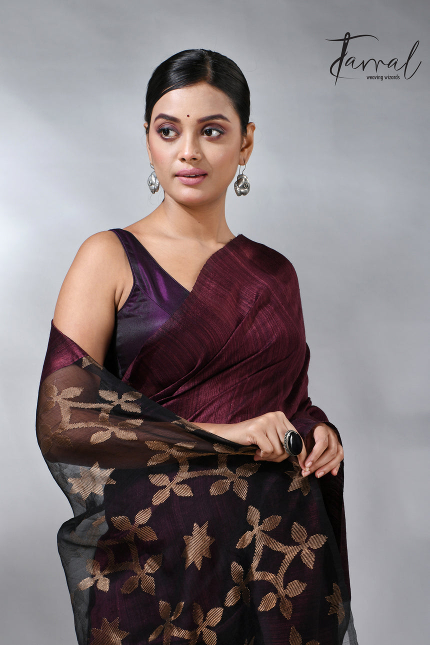 Maroon Handwoven Jamdani Saree in Matka Silk with Star Pallu