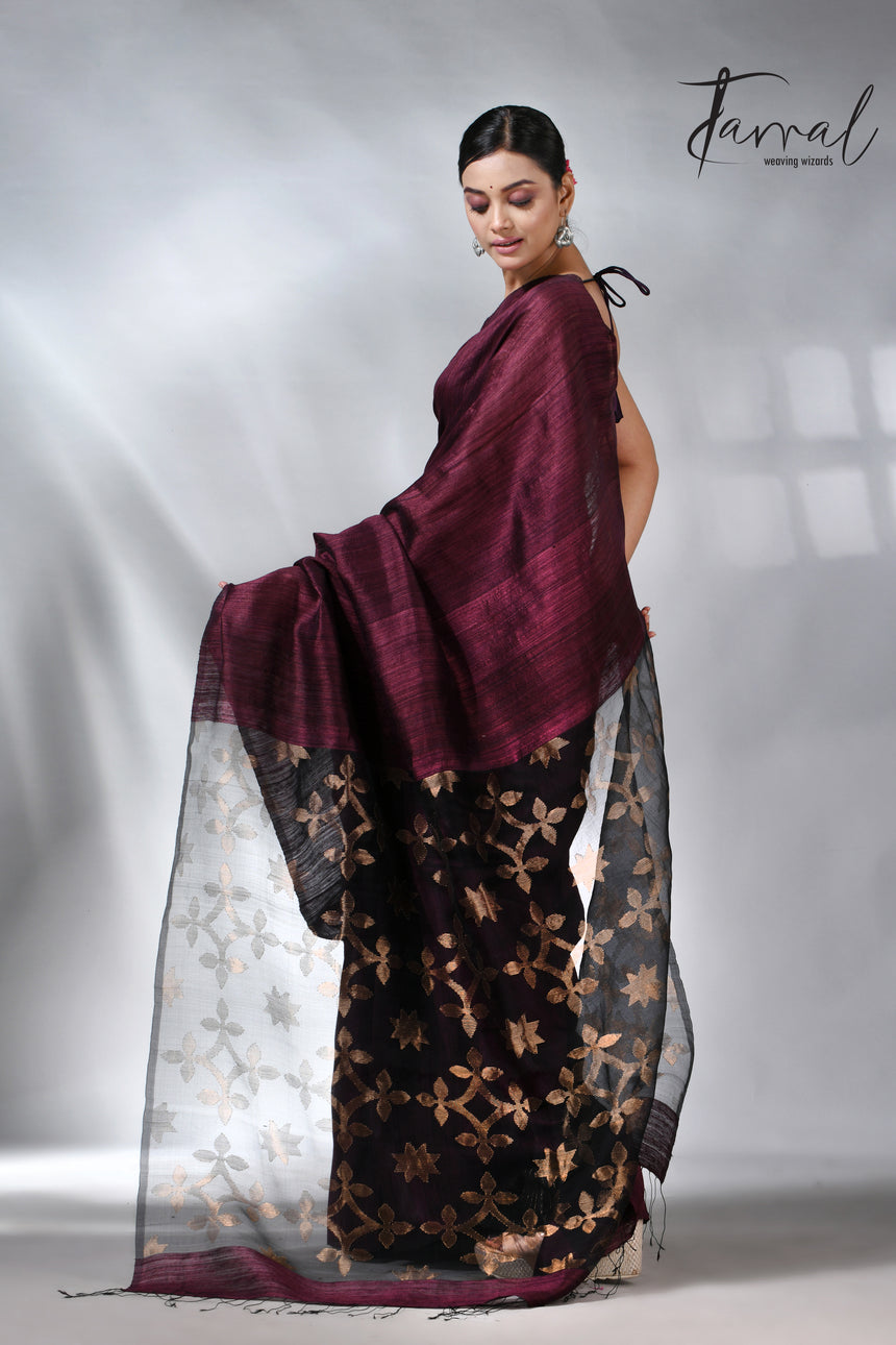 Maroon Handwoven Jamdani Saree in Matka Silk with Star Pallu