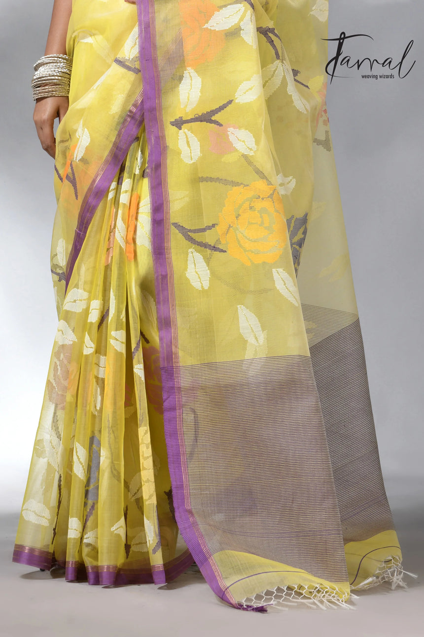 Yellow with purple border allover rose motifs handwoven musli silk jamdani saree