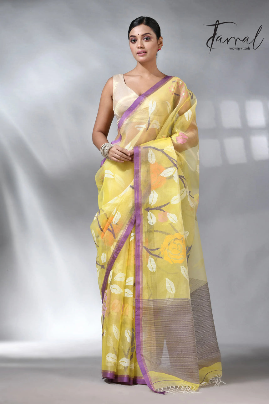 Yellow with purple border allover rose motifs handwoven musli silk jamdani saree