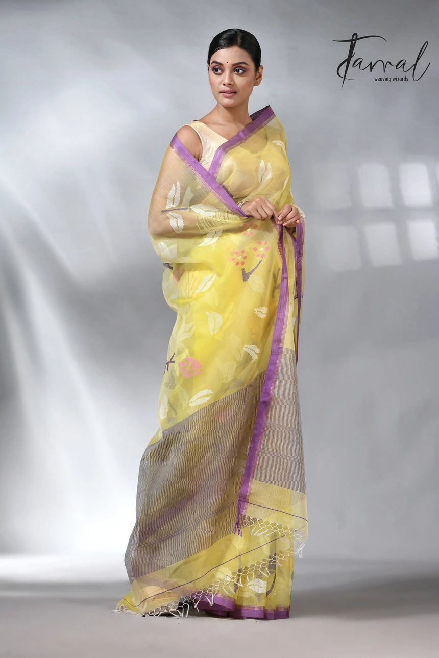 Yellow with purple border allover rose motifs handwoven musli silk jamdani saree