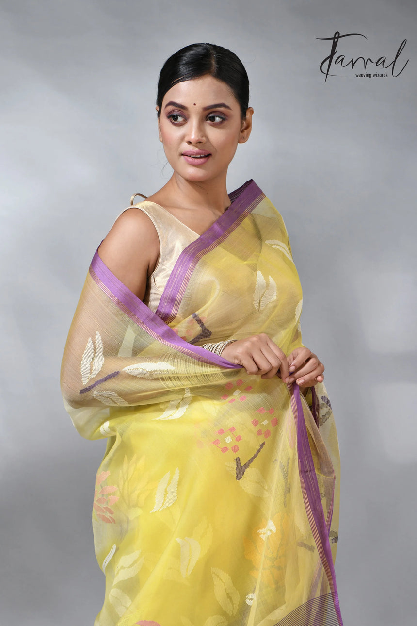 Yellow with purple border allover rose motifs handwoven musli silk jamdani saree