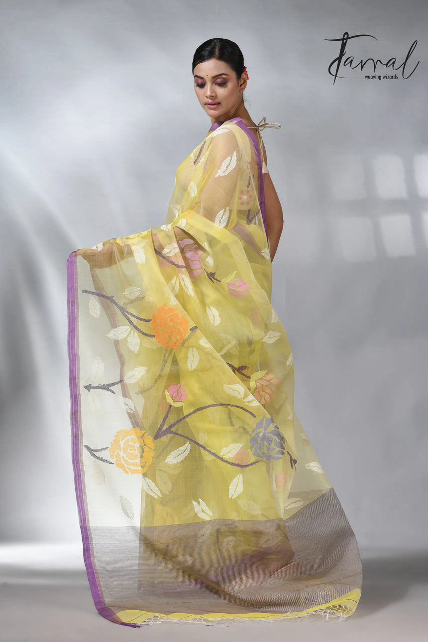 Yellow with purple border allover rose motifs handwoven musli silk jamdani saree