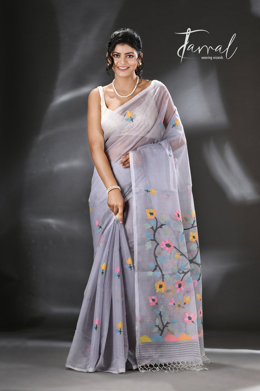 Still grey multi colour blossom floral tree motifs handwoven silk cotton saree - Tamal Boutique