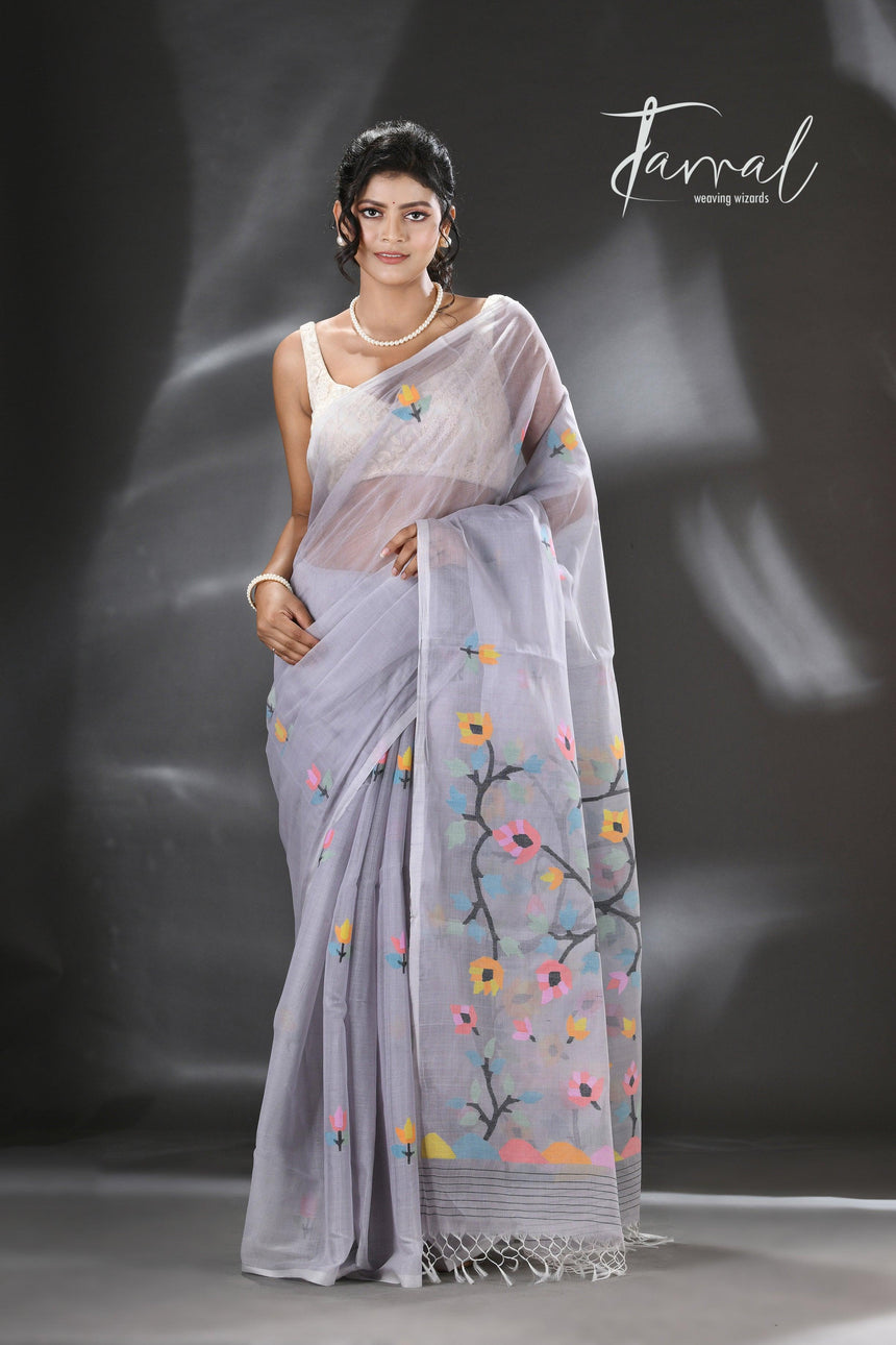 Still grey multi colour blossom floral tree motifs handwoven silk cotton saree - Tamal Boutique