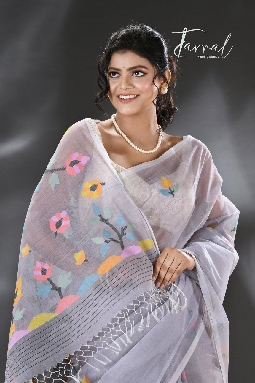 Still grey multi colour blossom floral tree motifs handwoven silk cotton saree - Tamal Boutique