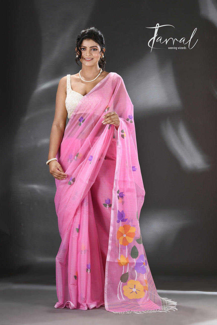 Sweet pink lotus pallu silk cotton handwoven jamdani saree - Tamal Boutique