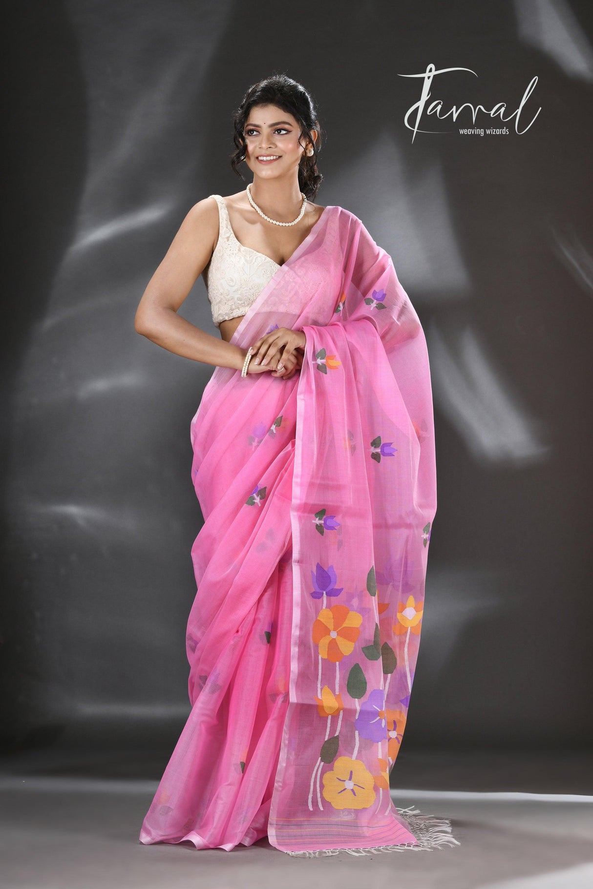 Sweet pink lotus pallu silk cotton handwoven jamdani saree - Tamal Boutique