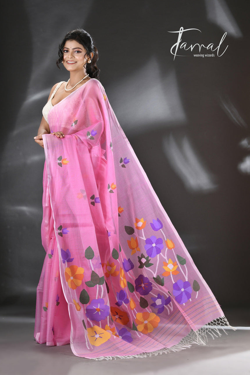 Sweet pink lotus pallu silk cotton handwoven jamdani saree - Tamal Boutique