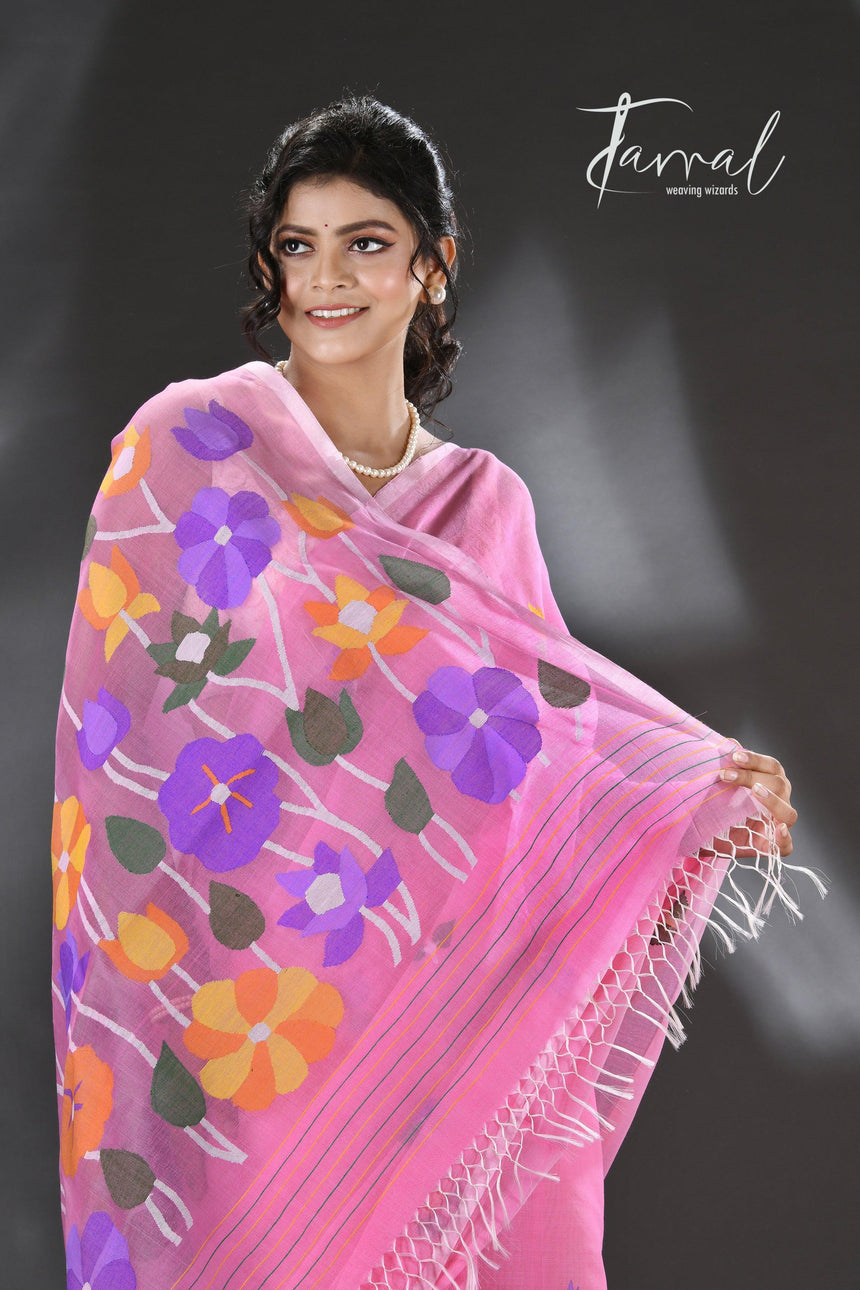 Sweet pink lotus pallu silk cotton handwoven jamdani saree - Tamal Boutique