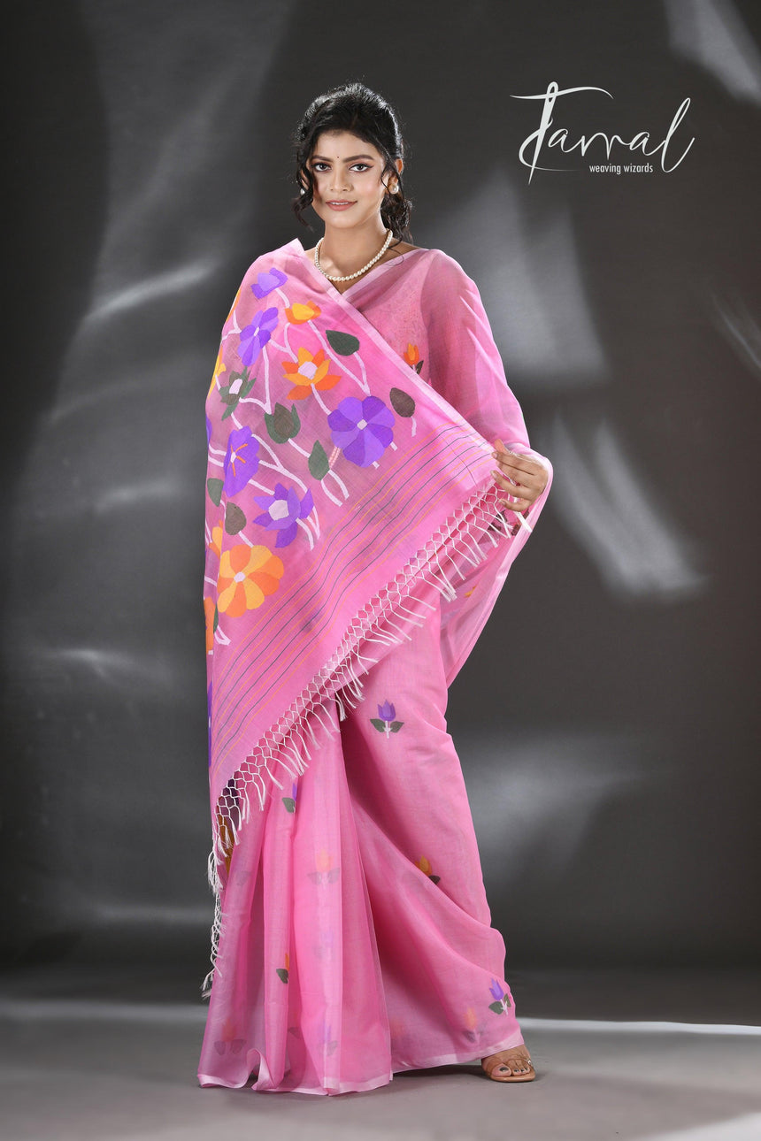 Sweet pink lotus pallu silk cotton handwoven jamdani saree - Tamal Boutique