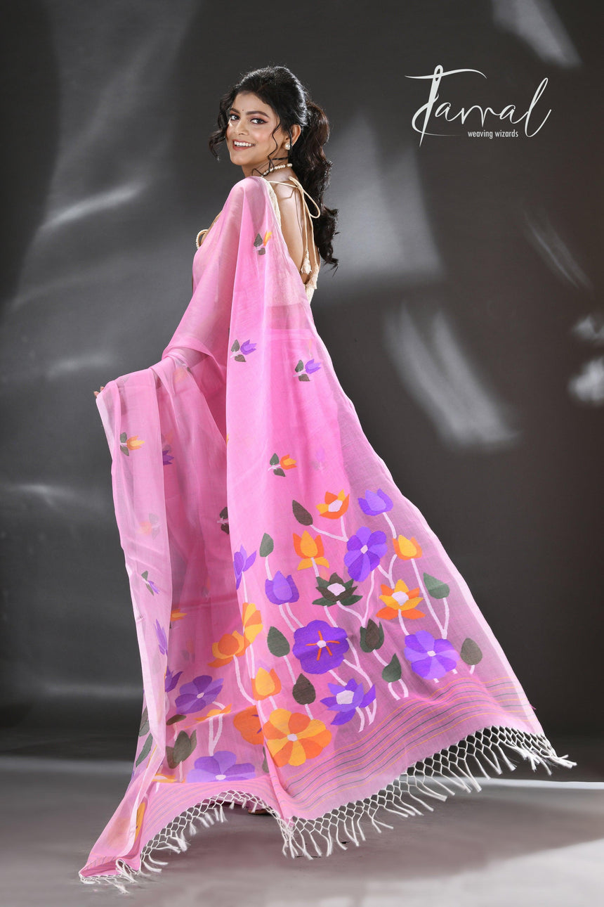Sweet pink lotus pallu silk cotton handwoven jamdani saree - Tamal Boutique