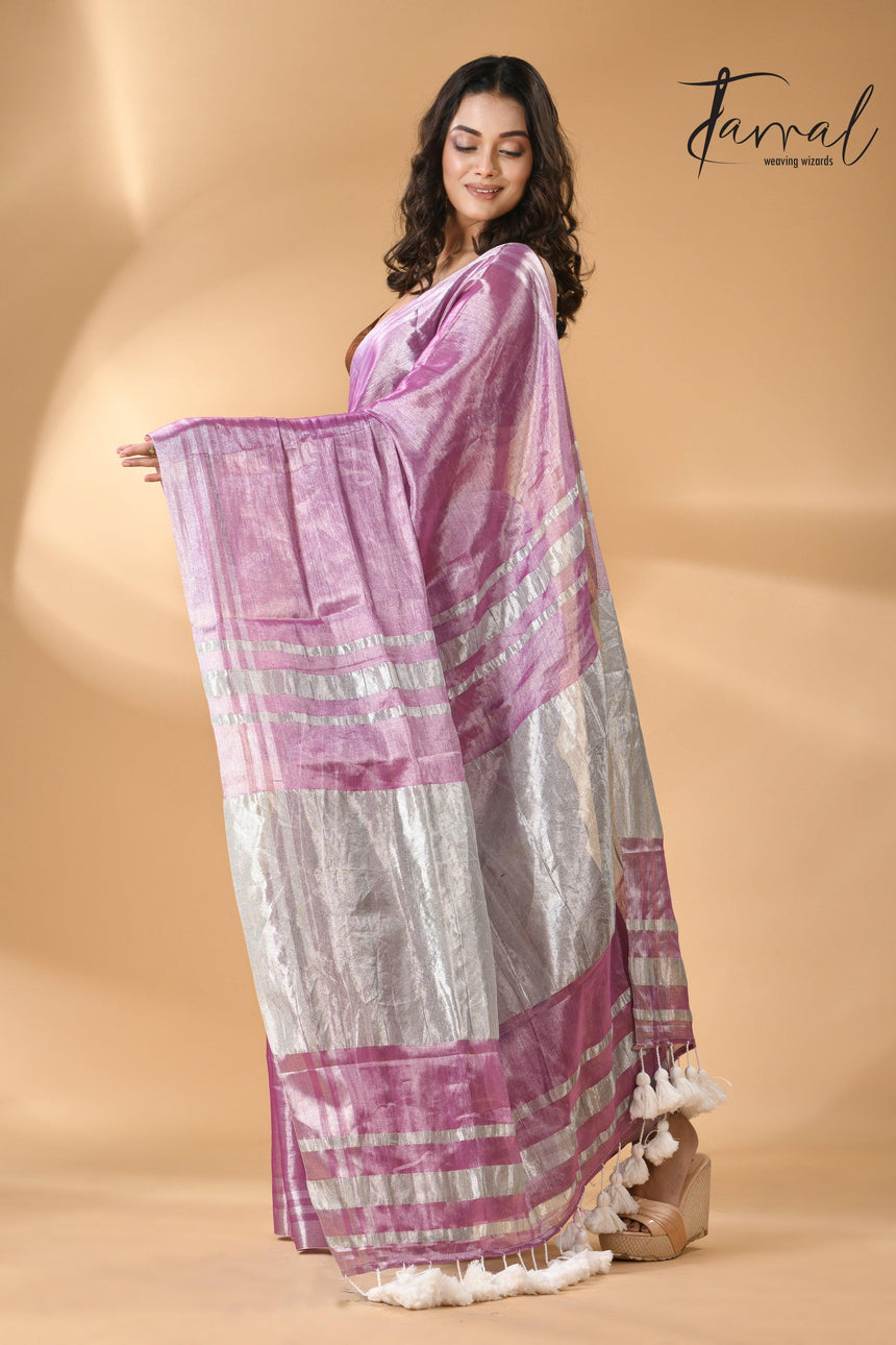 Onion silver tissue handloom saree - Tamal Boutique