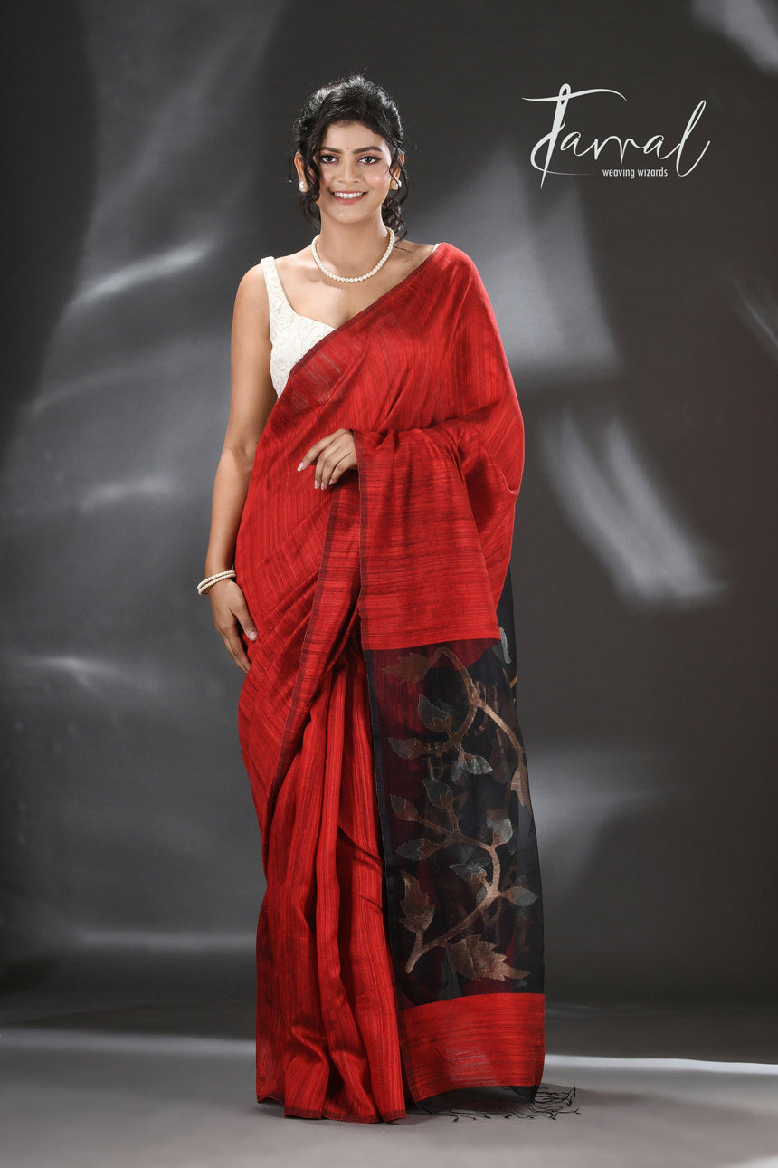 Rubi red matka silk handwoven jamdani saree - Tamal Boutique