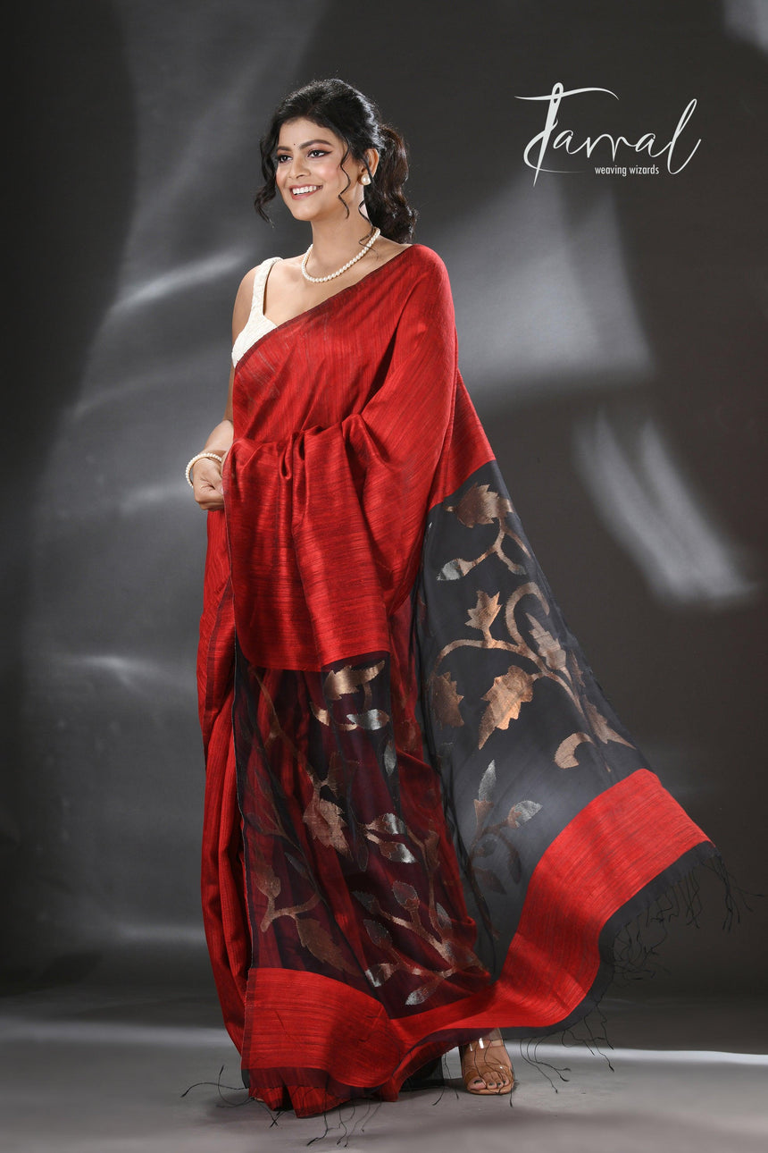 Rubi red matka silk handwoven jamdani saree - Tamal Boutique